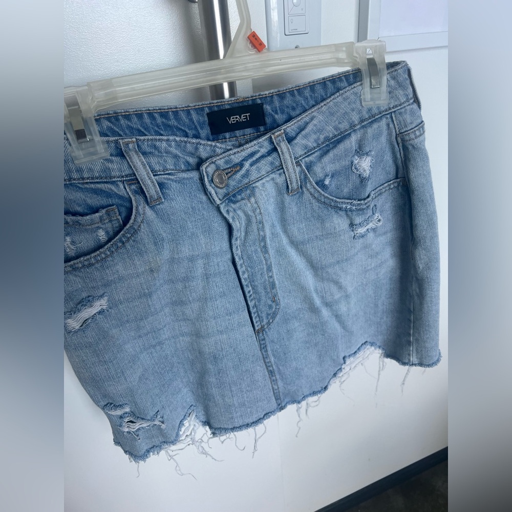 Asymmetrical Frayed Denim Mini Skirt - Light Blue M